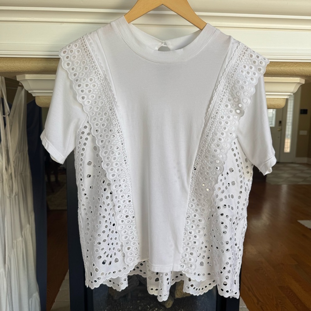 Sea New York White Eyelet Lace Trim Short Sleeve Top